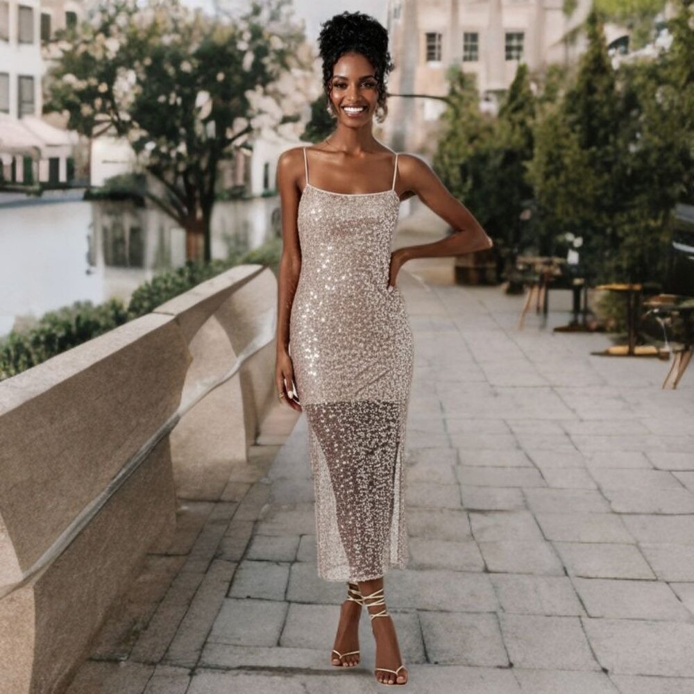 ASTR The Label Jewel Sequin A-line Midi Dress Sleeveless Slit Side Mesh Mini